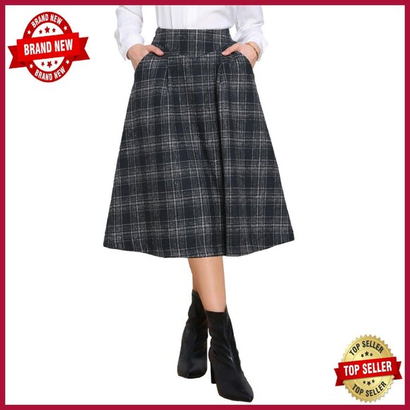 Dresses & Skirts - Vintage Tartan A-Line Midi Skirt with Pockets High Waist